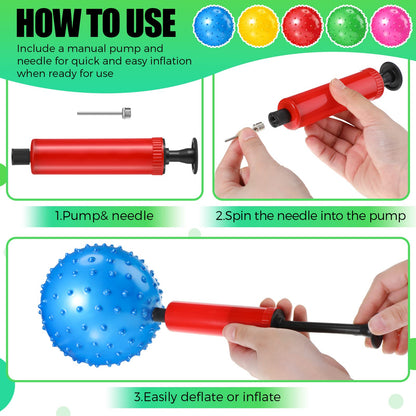 Jerify 64 Pieces 6.3 Inch Knobby Balls for Kids Sensory Balls with Air Pump Small Inflatable Bouncy Soft Spiky Toddler Bounce Party Favors Summer Beach Pool Baby Massage Stress Play Set, 5 Colors