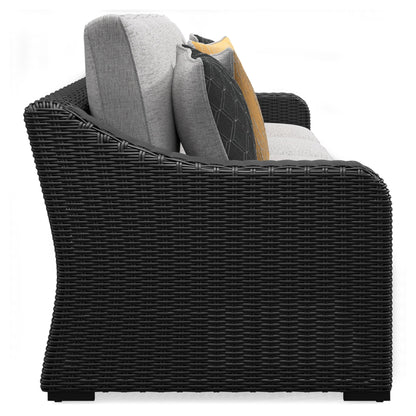 Signature Design by Ashley Beachcroft Casual Nuvella Weather Resistant Fabric 2-Piece Outdoor/Indoor Loveseat with Cushion and 4 Toss Pillows, Black & Light Gray