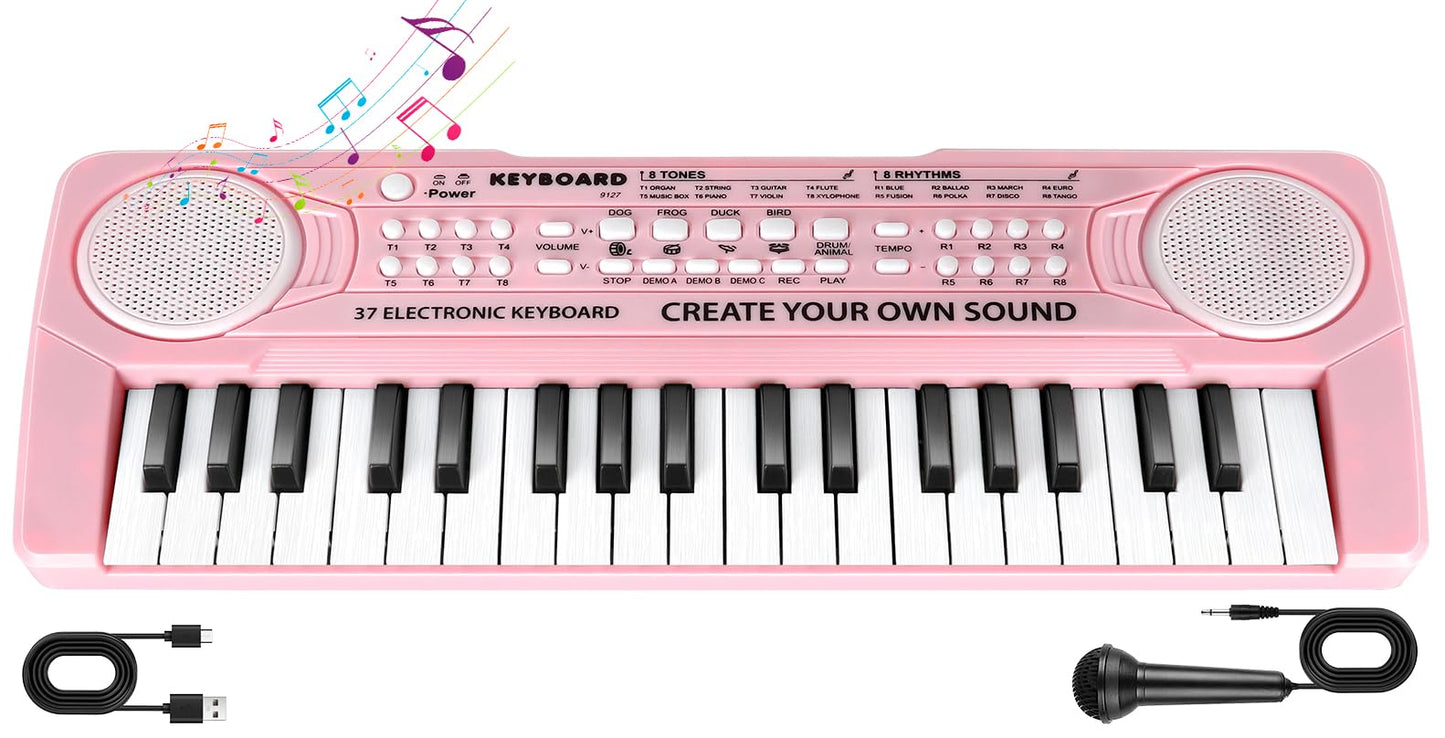 Kids Toddler Toy Piano Keyboard - 37 Key Pianos for Kid Music Toys Instruments with Microphone | Unlock Musical Fun! Perfect Birthday for 3-8 Year Old (Pink)