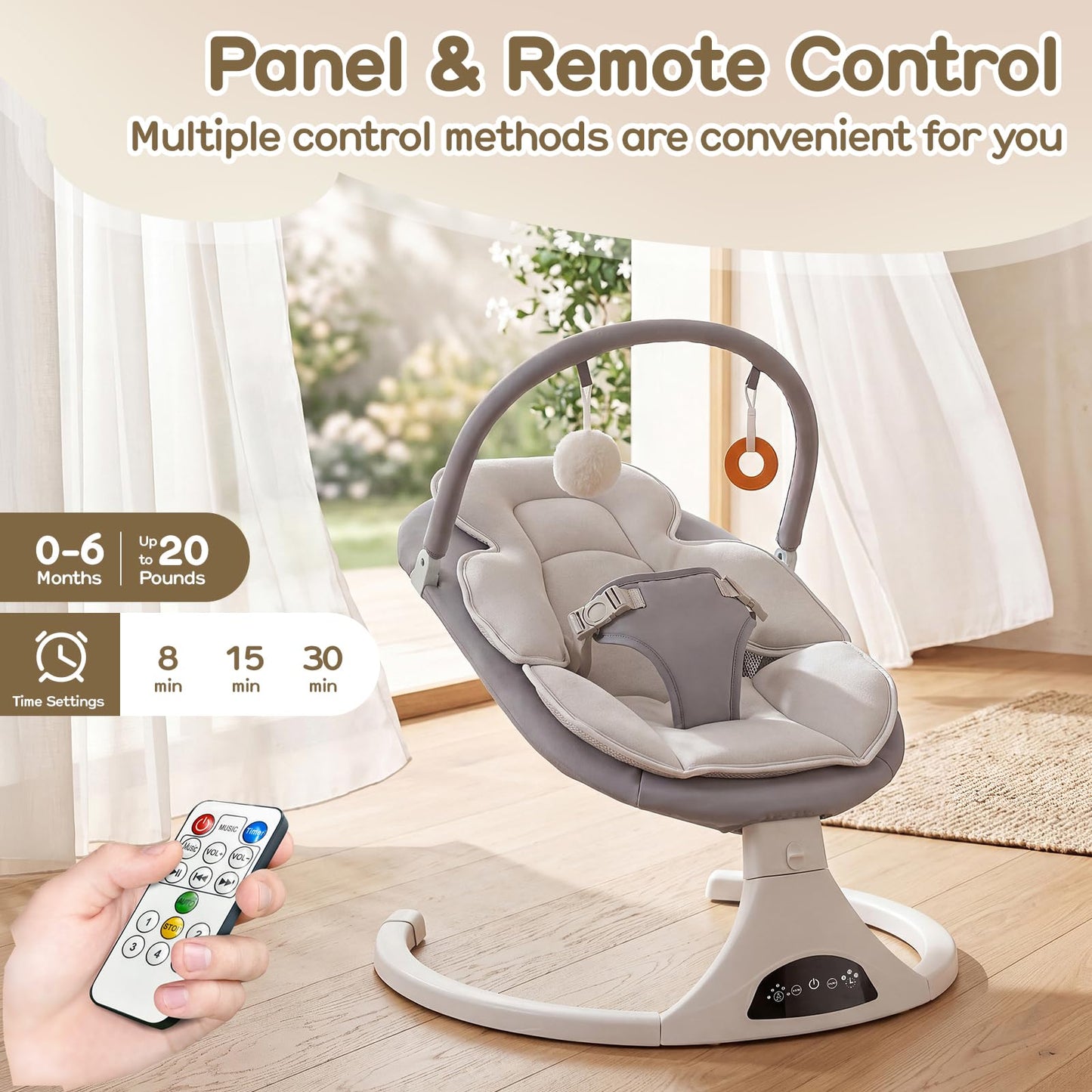 Electric Baby Swing with Remote Control - 5 Natural Motion Speeds, Detachable Seat Pad | Portable Infant Swing for Indoor/Outdoor Use (0-6M, 20lbs) (Gray)
