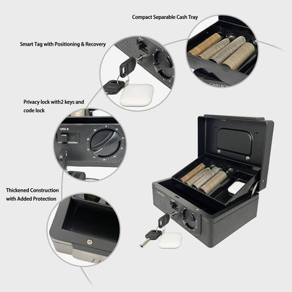 Winstinct Cash Box with lock, with Tracking & Dual Lock System,money box with cash tray, lock safe with key, money-saving storage bag for Home,Office,business (Black)