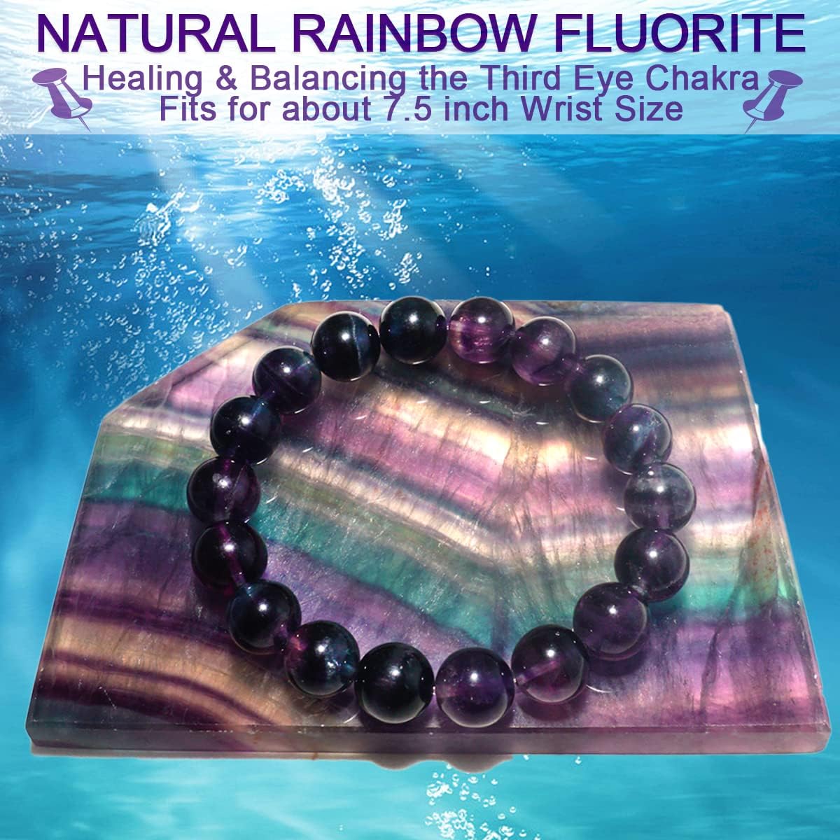OwizJade 10MM Rainbow Fluorite Bracelet for Women Men | Fits for About 7.5" Wrist | Natural Third Eye Chakra Crystal | Crystal of Peace & Protection | Meditation | Feng Shui | Spritual choice
