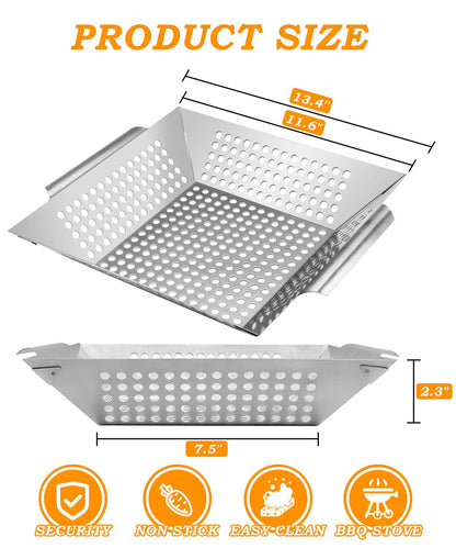 Foedo Grill Basket for Outdoor Cooking 13.4 Inch, Stainless Steel Vegetable & Fish Grilling Tray with Handle, Nonstick Dishwasher Safe BBQ Accessories for Camping, Backyard BBQ