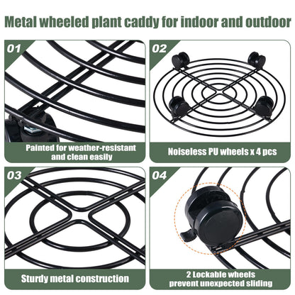 6 Packs 12 Inches Large Metal Plant Caddy with Wheels Rolling Plant Stands Heavy-duty Wrought Iron Plant Roller Base Pot Movers Plant Saucer on Wheels Indoor Outdoor Plant Dolly with Casters Planter Tray Coaster