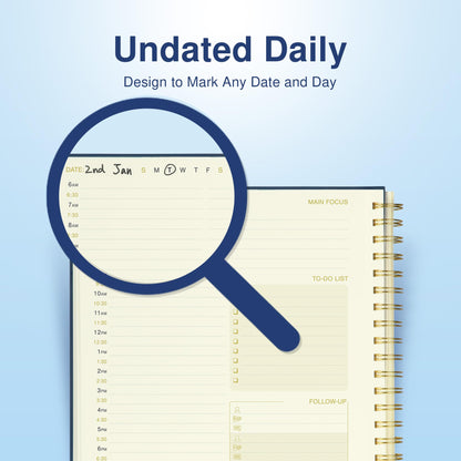 AuroPlanner Undated Daily Planner To Do List Hourly Schedule 2027 2026 2025 Calendar & Holiday Habit Tracker 180 Pages Letter Size 8.5" x 11" Sheets Hardcover Spiral Bound Notebook (Navy Blue)