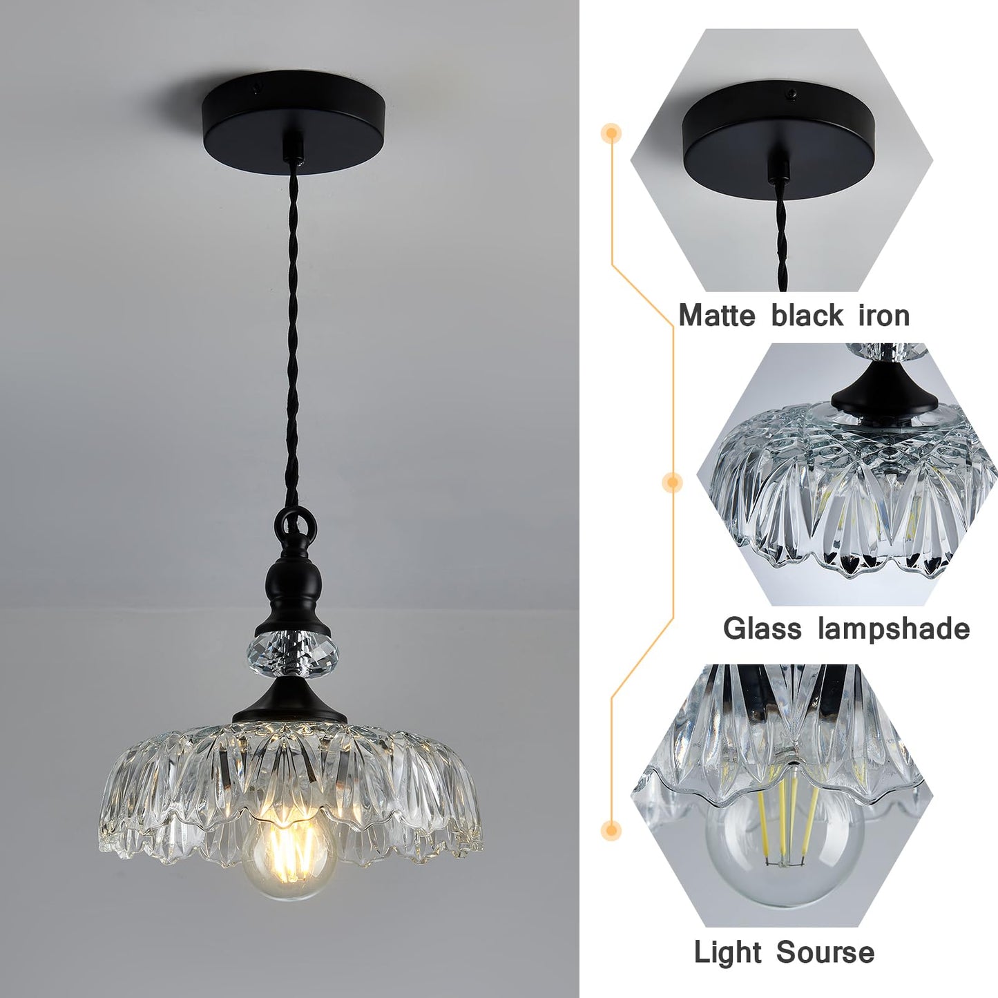 CVKASH Vintage Glass Pendant Light Fixture Black Modern Adjustable Chandelier Hanging Light for Farmhouse Dining Room Kitchen Bedroom Hallway Island