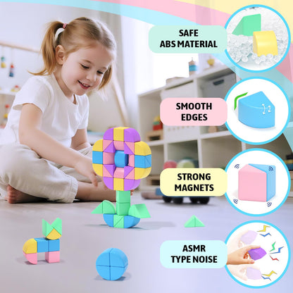 Hiwawind 40Pcs Magnetic Blocks, 1-Inch Soft Rainbow Magnetic Cubes (Triangles & Quarter Circles), Montessori Sensory Autism Toys for Boys & Girls, for Kids Ages 3+