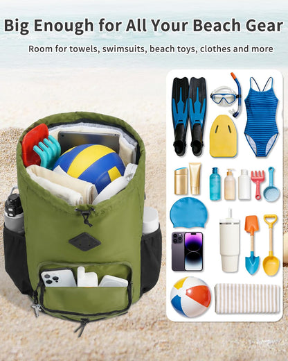 WANDF Drawstring Backpack with Removable Wet Pocket, Sandproof Beach Backpack with Bottom Compression Strap for Beach Mat, Swim Bag for Pool, Gym, Travel and Workout Gear (Dark Green)
