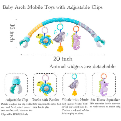 ORZIZRO Baby Stroller Arch Toys, Crib Mobile for Infants Adjustable Bassinet Mobile with Universal Clamp, Activity Toy Bar for Bouncer Newborn CarSeat Stroller Toy Sense Toys for Baby 0 6 12 Months