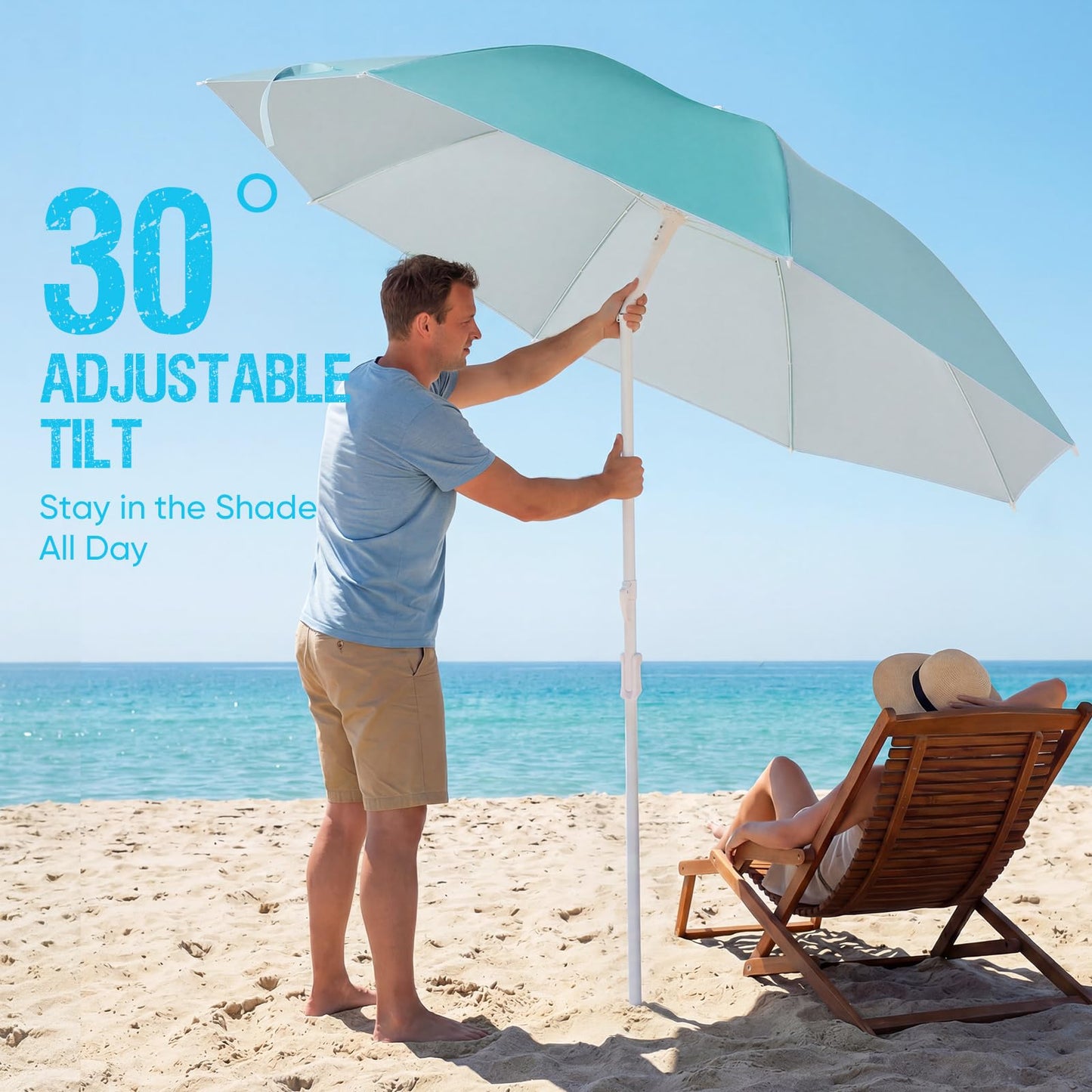 Old Bahama Bay 8ft Beach Umbrella with Sand Anchor & Tilt Mechanism, UPF 50+ UV Protection, Windproof Heavy Duty Portable Sun Shelter with Carry Bag for Beach, Garden & Backyard, Blue