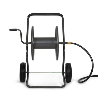 Backyard Expressions 2‑Wheel Garden Hose Reel Cart, Portable Hand‑Crank Hose Reel, Rust‑Resistant Hammertone Gray Finish, Brass Connectors