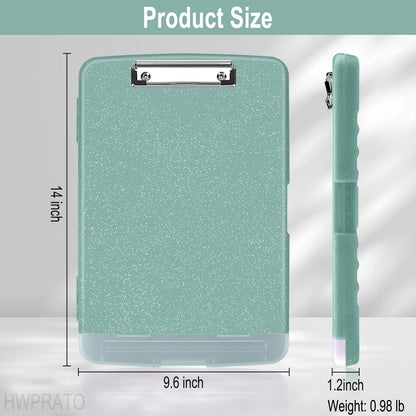 HWPRATO Glitter Clipboard with Storage, Clip Boards 8.5x11 with Pen Holder, Binder Clipboards with Low Profile Clip Heavy Duty Plastic Nursing Clipboard Folder Side Opening (Glitter Grayish Green)