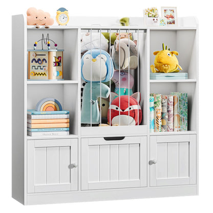Vabches Toy Storage Organizer, Toddler Stuffed Animal Zoo with Drawer and Doors, Multi-Functional Kids Bookshelf Floor Storage Chest with 4 Storage Cubbies for Playroom, Kids Room, White