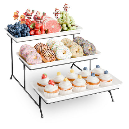 3-Tier Melamine Serving Tray Set, 14"x7" Platters for Serving Food, White Reusable Trays with Black Metal Display Stand for Cupcakes, Sevring Food, Dessert, Fruit, Cookie, Black
