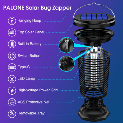 Solar Bug Zapper Outdoor & Indoor with 1.5W+4.5W Dual Solar Panel 2026, USB Rechargeable Electric Mosquito Zapper for Flies Gnats Moths, Fly Trap for Home, Patio, Backyard, Camping, Garden