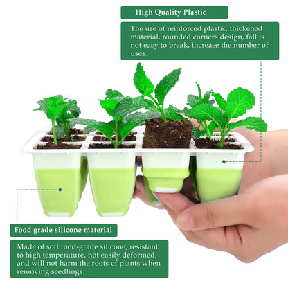 Ryscam 10pcs Reusable Seed Starter Tray, 120 Cells Seed Starter Kit, Silicone Seedling Starter Trays for Starting Plant Seeds with Flexible pop-Out Cells, Indoor Gardening Plant Germination Trays