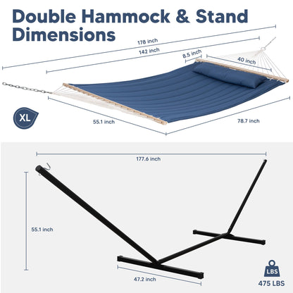 SUNCREAT 2 Person Free Standing Hammock with 15 ft Stand, 475 lbs Capacity, Backyard Hammock with Stand, Navy