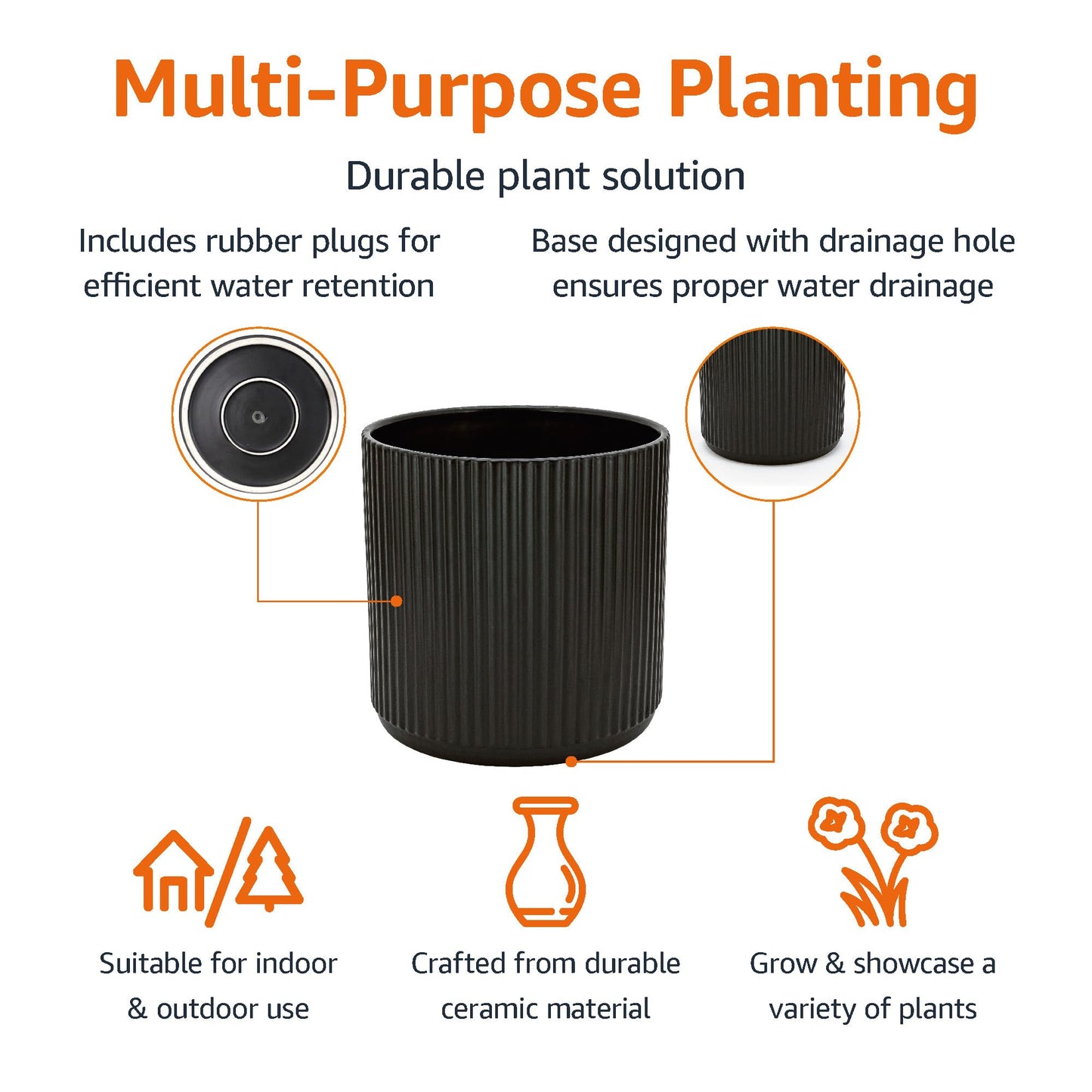 Amazon Basics Fluted Ceramic Round Planter, 10-inch, Black