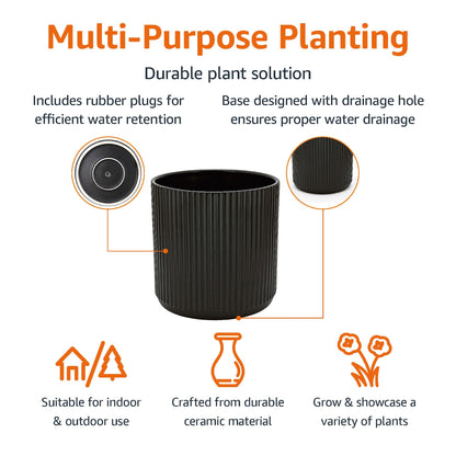 Amazon Basics Fluted Ceramic Round Planter, 10-inch, Black