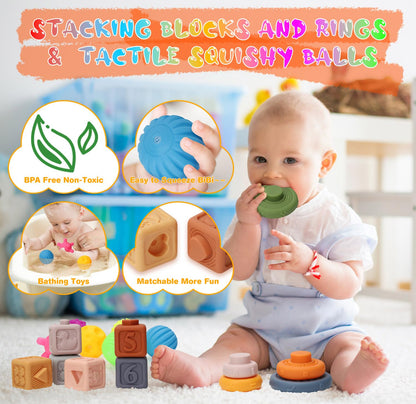 Baby Toys 6 to12 Months, 7 in-1 Montessori Toy for 6-9-12-18 Month Old with Pull String Toy, Sensory Bin Toys, Stacking Baby Blocks & Soft Infant Ring & Sensory Ball, Stacking Cups for Toddler 1-3Gift