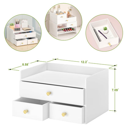 Bamboo Desk Organizer with Drawers Wooden Desktop Storage Drawers for Bills Office Supplies Kitchen Utensils Organizing Tool for Home Classroom Organization No Assembly (White, 3 Drawers)