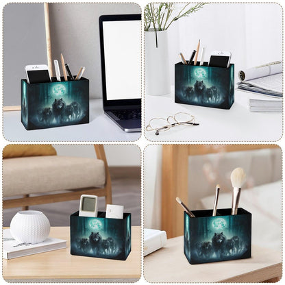 Famame Wolf Night Moon Pencil Holder for Desk, Leather Desktop Container Pen Cup Storage Study Table Pen Organizer Makeup Brush Holder for Classroom Office Home