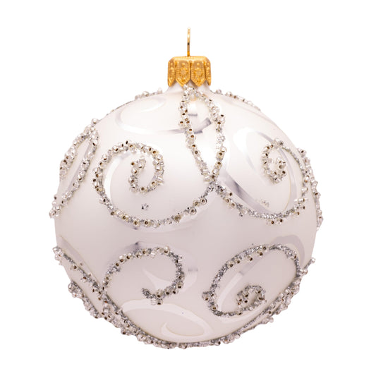 Luxury Handcrafted European Glass Christmas Ball Ornaments - Set of 6 - Silver & White - Satin & Shine - 8 cm - Mouth-Blown & Hand-Painted