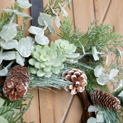 Idyllic 22 Inch Greenery Winter Wreath with Snowy Pine Cones and Succulent Plants - Large Christmas Wreath for Front Door, Rustic Farmhouse Pine Wreath for Indoor Outdoor Decor