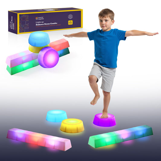 Special Supplies LED Stepping Stones for Kids -Light-Up Balance Blocks- Coordination & Balance for Toddlers & Children- Durable Non-Slip Rubber, Safe Indoor & Outdoor Play (2 Beams + 3 Circles)