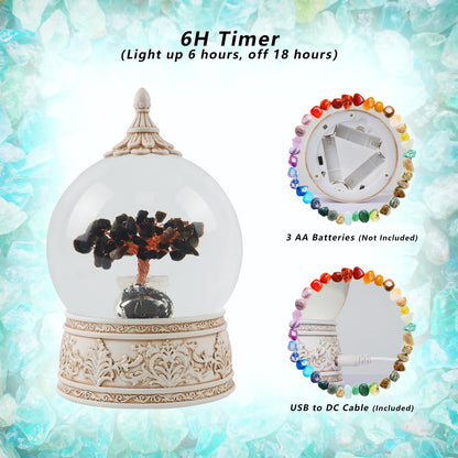 Obsidian Healing Crystal Tree Globe with Colorful Lights and Sparkling Glitter, Natural Gemstone Base, Spiritual Meditation, Positive Energy Good Luck, Home Decor, Birthday Gifts (Obsidian)