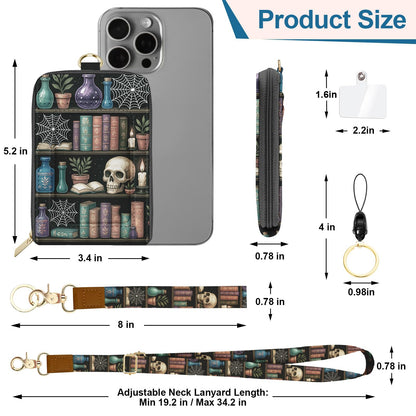 QRZIQRZ Lanyards Wallet & ID Badge Holder,Skull Bookshelf ID Case with Zipper,RFID Credit Card Holder for Women,Detachable Neck Lanyard Wrist Strap with Keychain Phone Holder for Teacher Nurse Gifts