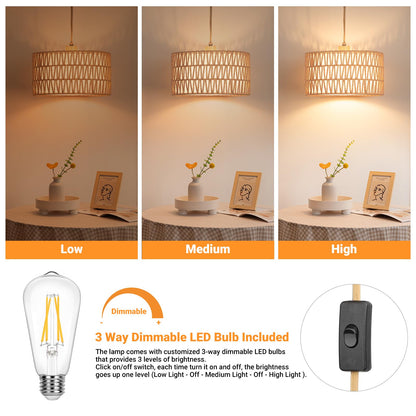 Qingmiao Boho Plug in Pendant Light, Rattan Hanging Lamp Plug in with Woven Shade, 3-Way Dimmable Hanging Light Fixture for Living Room Bedroom Kitchen Ceiling Home Decor