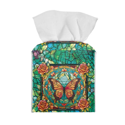 Lotusorchid Butterfly Rose Print Tissue Case Cover Square, Waterproof Tissue Box Cover for Home Office, Foldable Kleenex Tissues Cube Boxes with Bottom Belt, Decorative Facial Tissue Cover, Green
