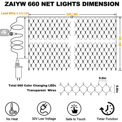 ZAIYW 660 LED Net Lights Outdoor Mesh Lights, 20Ft x 13Ft Large Christmas Net Lights Plug in with Remote Control Timer for Bushes Xmas Shrubs Wall Wedding Tree Decor (Warm White)