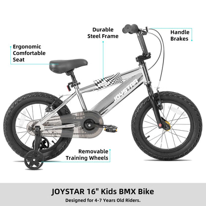 JOYSTAR 16 Inch Kids Bike for 4-7 Years Boys Girls, High-Carbon Steel Frame Toddler Bicycle with Training Wheels and Front/Rear Brakes Silver
