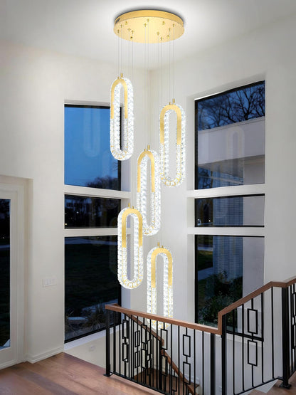 ykolupty 5-Lights Modern Crystal Chandelier for High Ceiling LED Dimmable Ring Pendant Chandeliers Stairwell Chandelier Lighting Gold