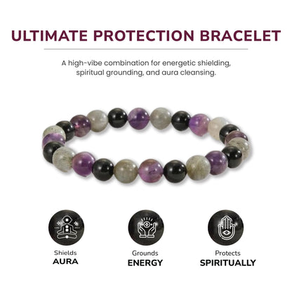 Crytsal Vibe Ultimate Protection Bracelet - Labradorite – Amethyst – Black Tourmaline - 8mm Beaded Bracelet for Protection - Elastic Adjustable Size
