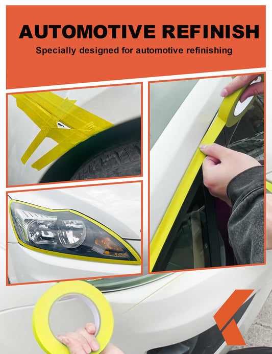 KREFINISH Painters Tape for Cars Vehicles Paint Tape Auto Body Yellow Masking Tape Heat Resistant Automotive Removable No Residue Painting Tape Bulk Set for Paint Booth, 0.94in-60 yards/12rolls