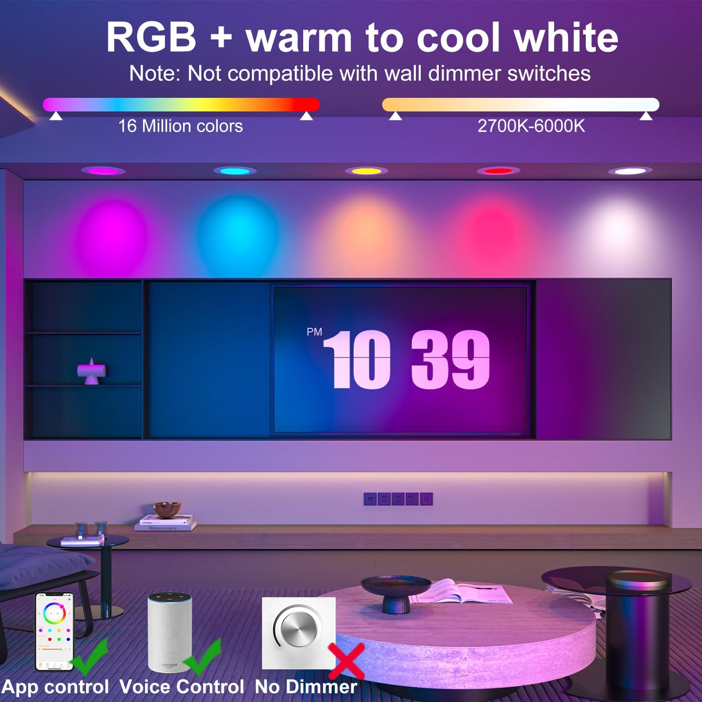 HYDONG Smart Recessed Lighting 5/6 inch,Color Changing Can Lights 4 Packs,13W 1050LM Retrofit led recessed Lighting,Bluetooth APP Control,Phone Assistant Voice Control,for Bedroom Kitchen Living Room