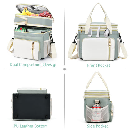 Lunch Box & Lunch Bag for Women Men, Expandable Large Insulated Adult Lunch Bag with Strap, Double Deck Leakproof Lunchbox Durable Cooler Bags for Work Picnic Beach,16L, Olive Green & White