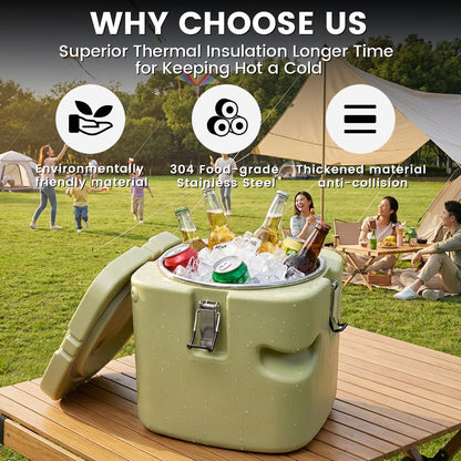 2.5 Gallon Insulated Soup Container Commercial Food Warmer for Hot or Cold Food, 11QT Hot Box for Catering, Food Cooler with 4 Buckles Handles for Restaurant, Canteen,Home (Green)