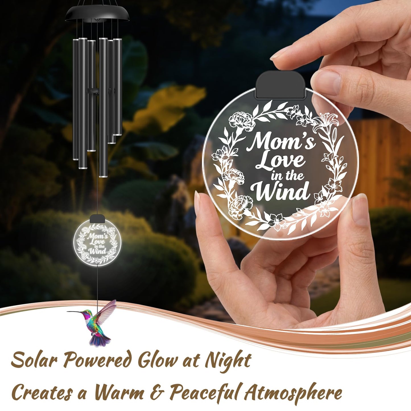 37" Solar Wind Chimes for Outside, Gifts Wind Chimes with Solar Powered Acrylic Lights & Hand-Painted Hummingbird for Mom, Grandma, Outdoor Wind Chimes for Garden, Patio, Yard