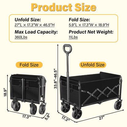 Wagons Carts Foldable - Collapsible Wagon 360Lbs, Folding Wagon Cart with Wheels, Foldable Wagons Portable for Groceries, Sports, Camping, Storage, Travel, Shopping -Jet Black