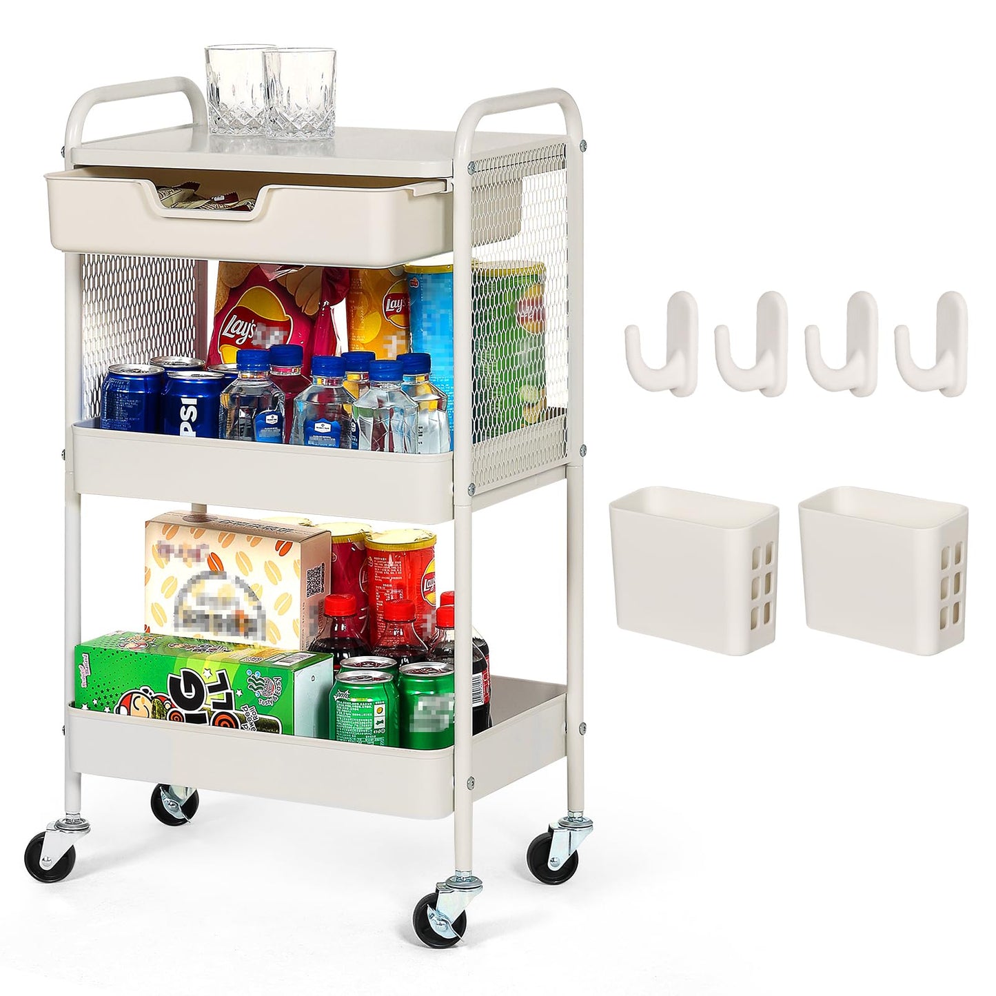 CRUDATE 3-Tier Rolling Cart with Drawer, Metal Utility Storage Cart Organizer with Lockable Wheels&Hanging Cups&Hooks, Mobile Storage Craft Carts Trolley with Mesh Shelves for Kitchen, Office-White