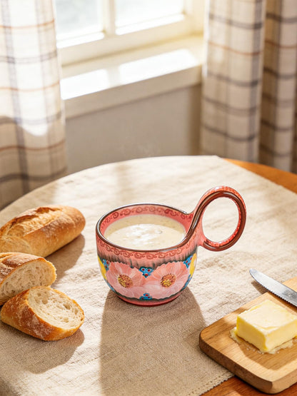 silesia Handmade Ceramic Soup Bowl with Loop Handle, Hand Painted Floral Cereal Bowl, Artisanal Soup Mug for Chili, Stew, Oatmeal, Microwave Safe, Glazed Pink