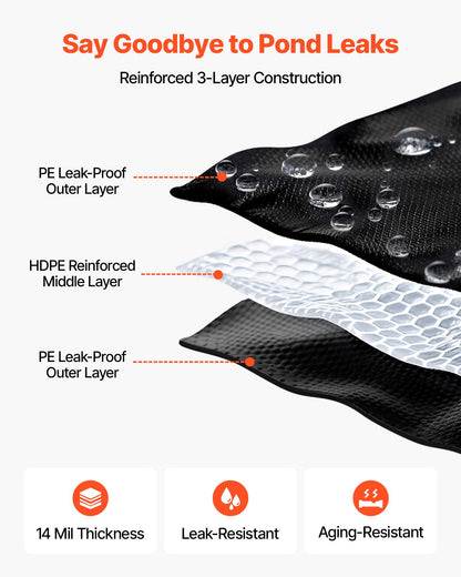 VEVOR 20 x 20 ft Pond Liner, 14 Mil Thickness, 3-Layer Reinforced PE Fish Koi Pond Liner for Outdoor Ponds, with Hemmed Edge and 4 Metal Buttonholes, for Water Garden, Waterfall, and Fountains, Black