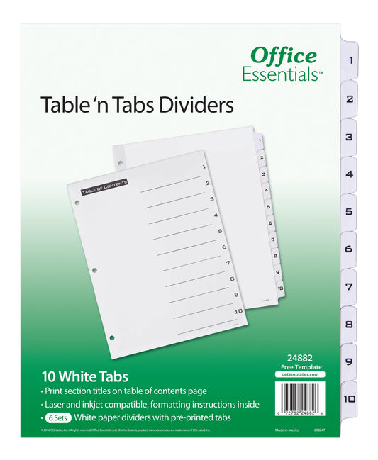 Office Essentials Table 'n Tabs Dividers, 8-1/2 x 11, 1-10 Tab, Black/White Tab, Laser/Inkjet, 6 Pk (24882)