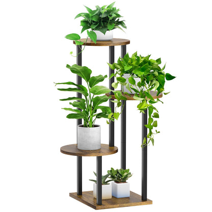 SMFANLIN 4 Tier Plant Stand Indoor, Metal Wooden Tall Plant Shelf Flower Pot Stand for Multiple Plants, Corner Flower Holder Plant Display Rack for Living Room Balcony Patio Garden (Rustic Brown)