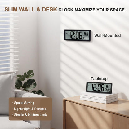 Soobest 8.5 Inch Digital Wall Clock Battery Operated with Backlight, Temperature, Date, Day & Auto DST, Black Slim Design for Elderly, Bedroom, Living Room, Office