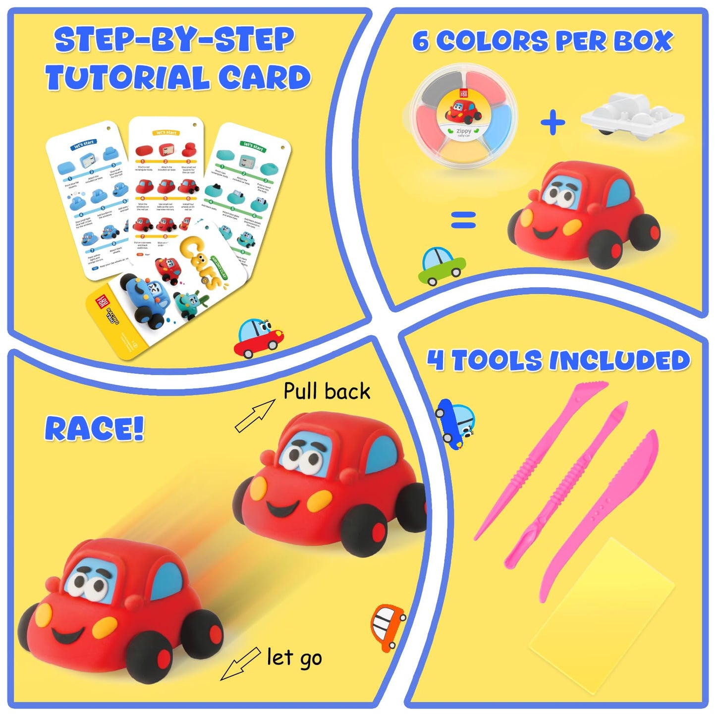 Air Dry Clay Kit for Kids - Pull Back Car Making, 3 Boxes Modeling Clay with Sculpting Tools, Base, Backing Board, Tutorial, Ultra Light & Soft, Non-Toxic & Safe, Creative DIY Arts and Crafts Toys